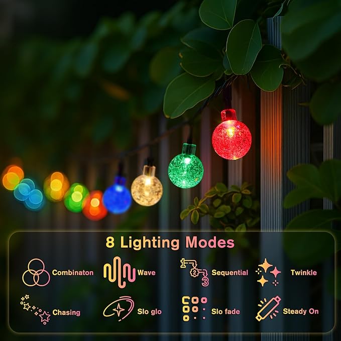Metaku Solar String Lights for Outside, 36FT 60 LED Crystal Globe String Lights, Solar Powered Outdoor Lights with 8 Lighting Modes, Patio Hanging Lights for Garden, Camping and Party Décor Multicolor