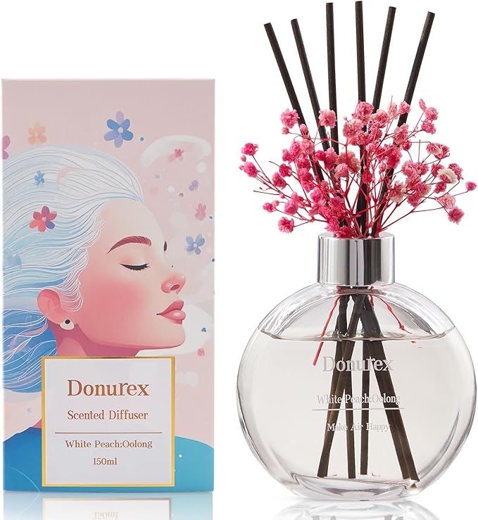 Flower Reed Diffuser Set 5.07oz White Peach & Oolong Scent Diffuser with Sticks Home Fragrance Reed Diffuser for Bathroom Shelf Decor
