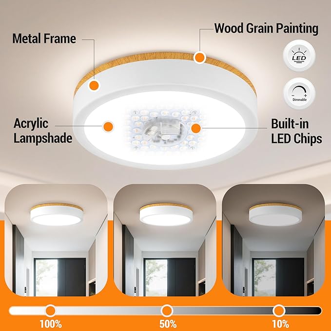 11" Minimalist Modern LED Ceiling Light, Painted Wood Grain Flush Mount with 5CCT 2700K-5000K, Dimmable LED Light Fixtures Ceiling Mount for Kitchen Bathroom Bedroom Hallway, 2 Packs