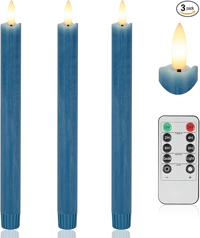 Blue Flameless Taper Candles with Rmote, 9.6" Real Wax Battery Operated Candles with 3D Wick, 3 Pack Led Candlesticks Flickering, Electric Candlesticks for Home, Wedding, Party Decor