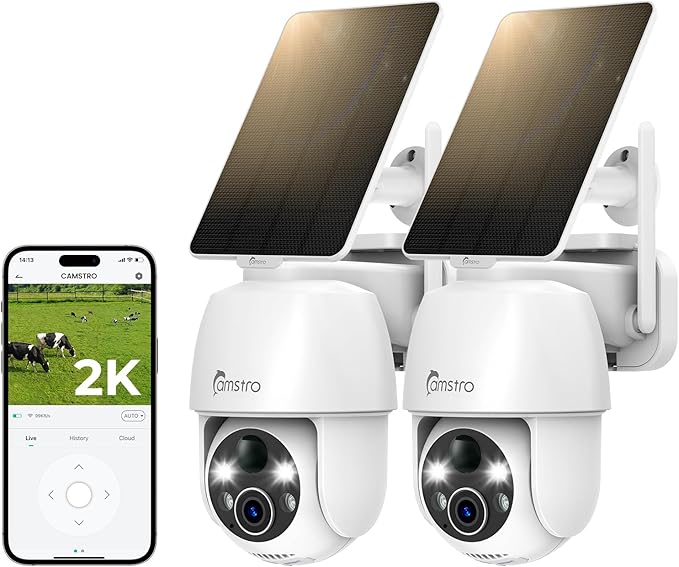 2PCS Solar Security Camera Wireless Outdoor, 2K Battery-Powered Camera for Home Security, PIR/AI Motion Detection, 360°PTZ, Color Night Vision, Two-Way Audio,IP66, Alexa/Google,2.4Ghz Only