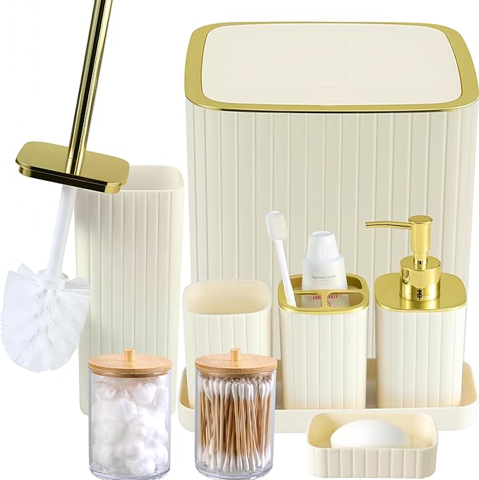 Bathroom Accessories Set-9PC Set, Complete Bathroom Decor & Home Decor, Bathroom Set with Toilet Brush, Trash Can, Soap Dispenser,Modern Home Bath (Beige&Gold, Bath Set)