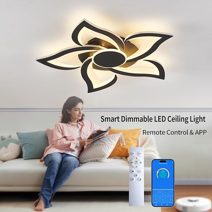 HuixuTe 24" Modern Geometric Ceiling Light Fixture, Black Dimmable 3 Colors LED Close to Ceiling Light Fixtures with Remote, Low Profile Flush Mount Ceiling Light for Kitchen, Living Room