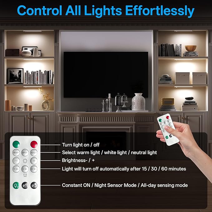 Under Cabinet Lighting Wireless,Rechargeable Motion Sensor Light Indoor,3Color Dimmable Closet Light Battery Operated with Remote Control, Magnetic Under Counter Lights for Kitchen 2Pack