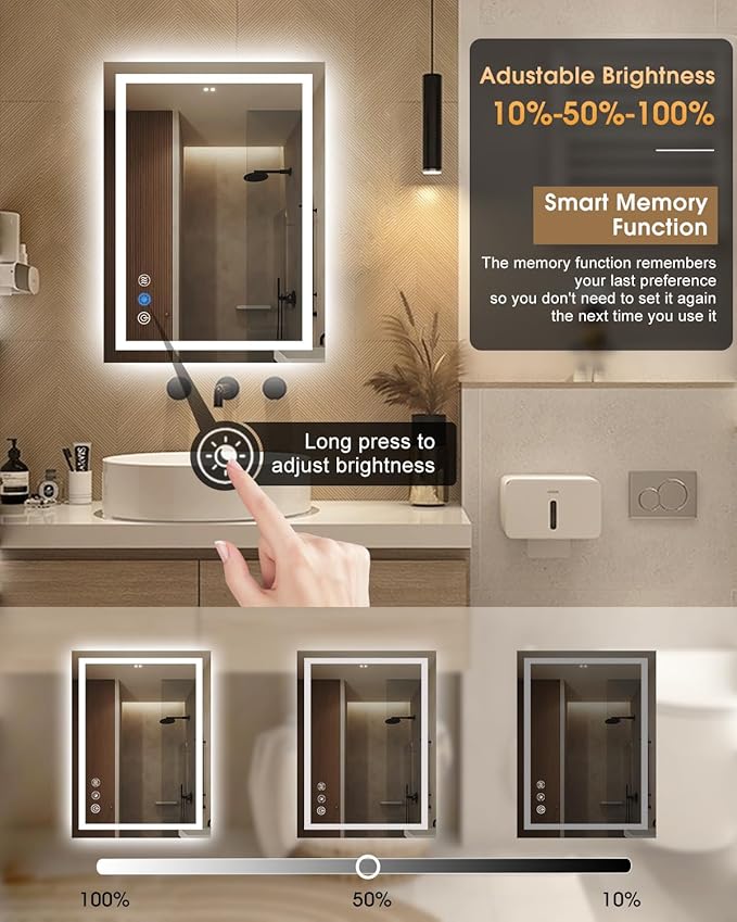 oneup 24x32'' LED Bathroom Mirror,Lighted Bathroom Mirror with Lights,Dimmable 3 Colors Temperature,Anti-Fog,Modern Vanity Mirrors for Wall,Touch Screen,Memory, Shatterproof