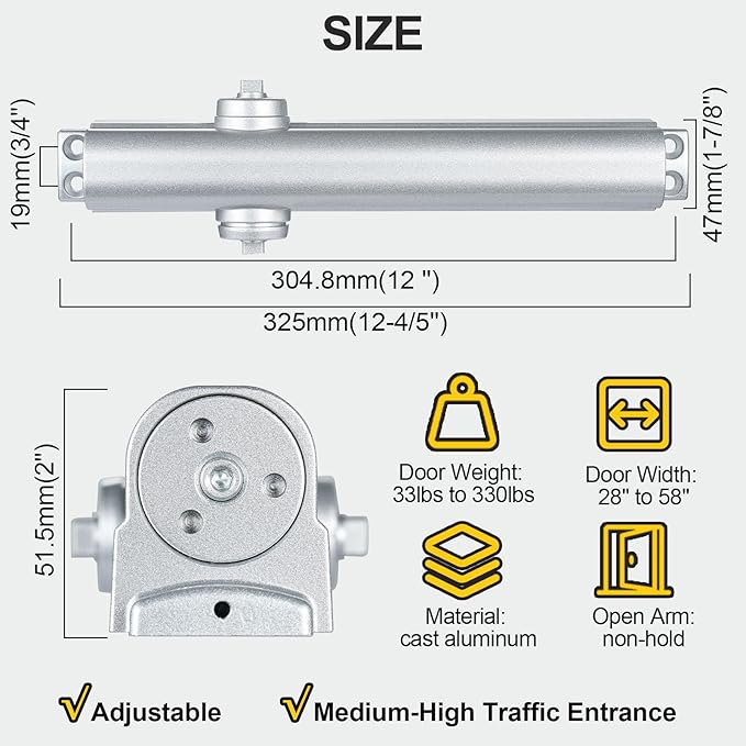 Grade 1 Commercial Door Closer, Heavy Duty Hydraulic Automatic Closer, Cast Aluminum, Self-Closing, Adjustable Size 1-6, UL Listed, ADA Compliant, 3 Mount Types, DC-7