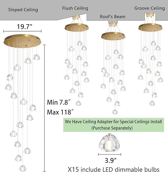 LED Glam Chandelier 118 inches Long Light Luxury Crystal Ceiling Chandeliers Remote Dimmable High Ceiling Pendants Lighting Fixtures Antique Gold 15 Lights