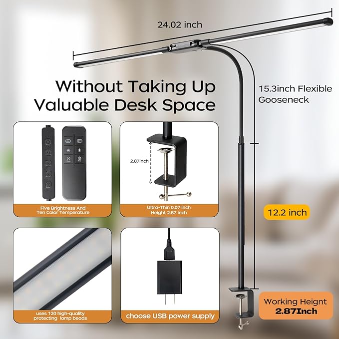 LED Desk Lamp with Clamp, Double Head Adjustable Architect Light, Eye-Caring Monitor Desk Lamp for Home Office, Flexible Gooseneck Task Lamp with 10 Brightness Levels & 5 Color Temperature Modes Black