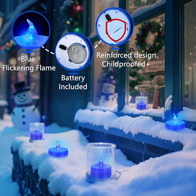 Tea Lights Battery Operated Candles LED Tea Lights Flameless Candles 200+ Hours Flickering Fake Tealights for Sweetest Day Wedding Home Decorations Party (Blue Base, 12 Pack)