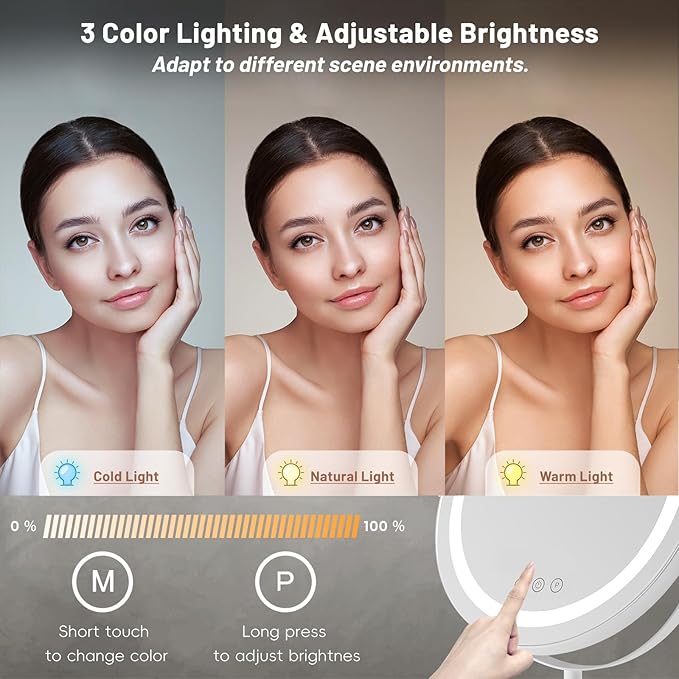 Makeup Mirror with Lights, Lighted Makeup Mirror with Magnification, 1x/10x, Large Round Vanity Mirror with Stand, 3 Color Modes, Brightness Adjustable, Smart Touch Control, 13 Inches Diameter
