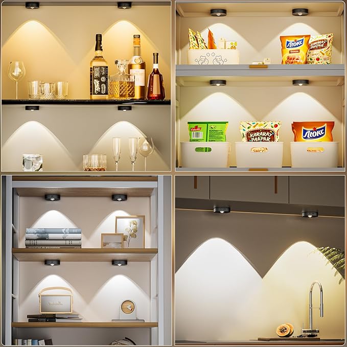 Puck Lights with Remote, Rechargeable Battery Touch Push lights, 3 Colors Led Under Cabinet Lighting, 1500mAh Wireless Tap light, Stick on Closet Light for Kitchen, Pantry, Shelves (Black 6 Pack)