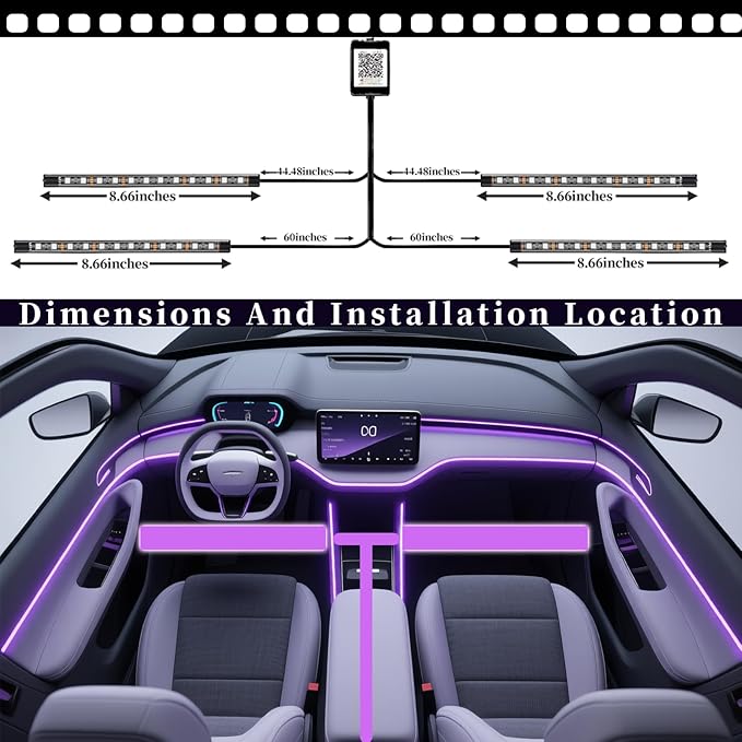DIBMS Smart Car Interior LED Strip Light Kit with APP Remote Control, RGB Music Sync Color Changing DIY Mode USB Port for Under Dash DC 12V Vehicle Decorations