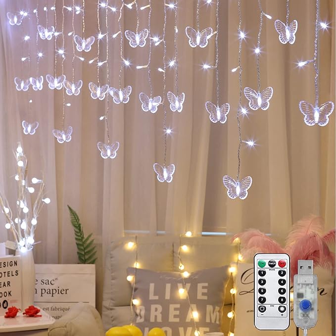 Butterfly Curtain Fairy Light, 8 Modes 120 LED USB Window Firefly Twinkle Timer String Lights 24 Butterflies with Remote, Waterproof Copper Wire for Room Bedroom Christmas Wedding Party Dorm Patio