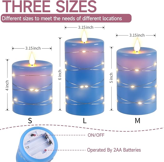 Da by Flameless Candles with String Lights，Battery Operated Candles,LED Flickering Candles with Remote Control and Timer, Real Wax, 3 Pack-Blue.