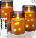 Amagic Grey Flameless Candles with Remote, Flickering Battery Operated Candles with Embedded Fairy Lights, Acrylic LED Candles with Timer for Halloween Home Bohemian Decor, 3D Wick, D3 x H4 5" 6"