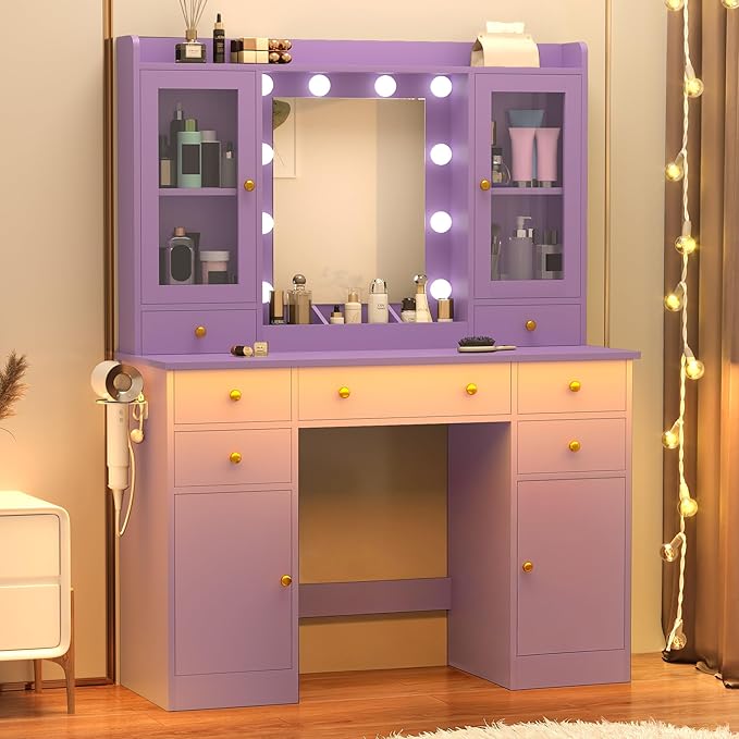 Vanity Desk with Mirror and Lights, 43" Purple Makeup Vanity Set with 5 Drawers & Glass Cabinets, Makeup Tray, Power Outlet & Adjustable LED Lights, Dressing Table for Women & Girls Bedroom