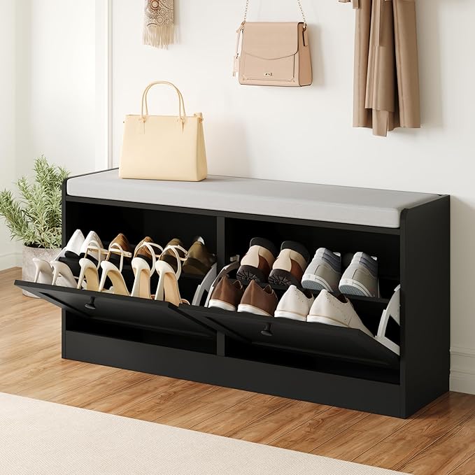 Modern Shoe Storage Bench fits up to Shoe Size 16, Entryway Bench with 2 Flip Drawers and Padded Seat Cushion, Wooden Shoe Bench with Storage for Entryway, Hallway, and Apartment, Black