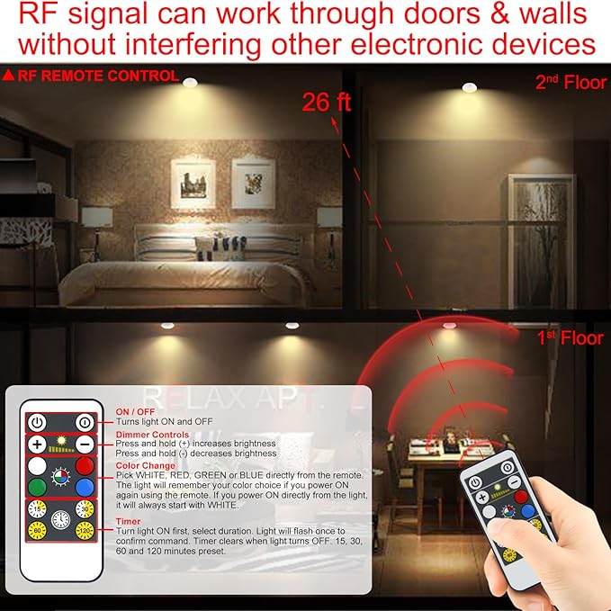 Wireless LED Puck Lights with Remote(6-Pack), Battery Operated Under Cabinet Lights,Color Changing Stick On Light,Dimmable Tap Light for Closet Kitchen Counter,Halloween Pumpkin Lights with Batteries
