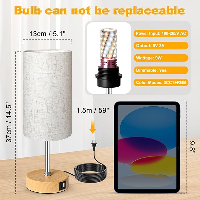 Unicozin Small Table Lamp, 3CCT & 7 RGB Color Changing, Dimmable Nightstand Lamp with Wood Grain Base, Touch Bedsides Lamp for Bedroom, Office, Kids Room, Nursery, Party, Beige Shade