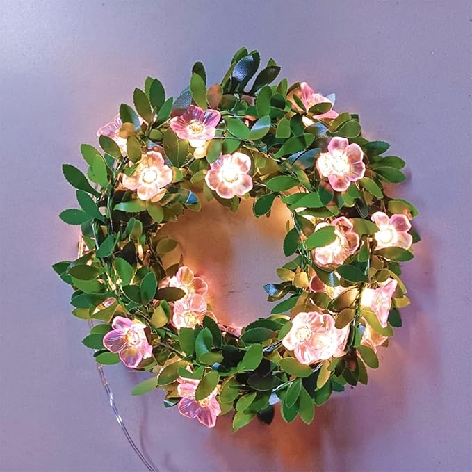 Fairy Flower Leaf String Lights, USB Plug in 16.5ft 50 LED Decorative Pink Cherry Blossom Vine for Girl's Bed Room Window Wall Wedding Birthday Party Christmas Hanging Indoor Decorations
