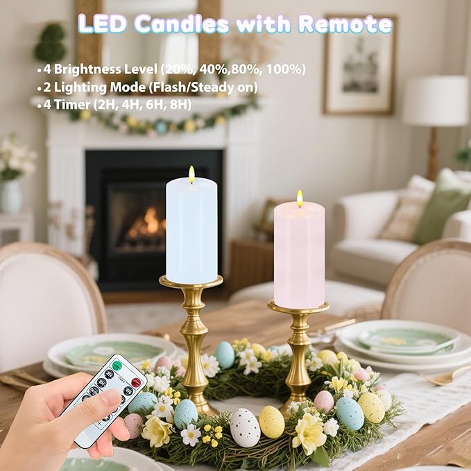 Pastel Flameless Candles, Set of 2 6"x3" Flickering Spring LED Candles with Remote & Timer, Dimmable Real Wax Easter Pillar Candles Battery Operated, Electric Candles for Home Spring Easter Decor