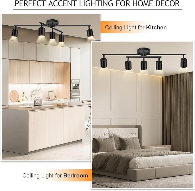 BoostArea 5 Light Track Lighting Kit, Black 5 Way Ceiling Spot Lighting, Center Swivel Track Light Heads, Flexibly Rotatable Light Head for Kitchen, Living Room, Bedroom, GU10 Bulb Not Included