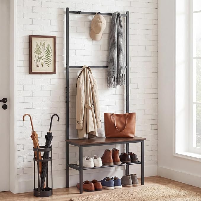 Giantex 3-in-1 Hall Tree with Bench and Shoe Storage, Freestanding Coat Rack with Hooks, Heavy Duty Metal Frame, Industrial Narrow Mudroom Organizer for Entryway Living Room Bedroom