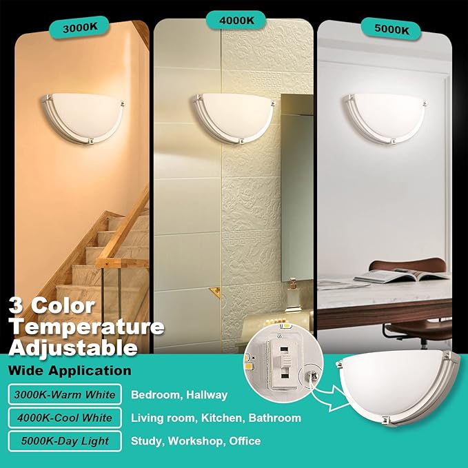 13 inch Dimmable LED Wall Sconce, Half Moon Wall Light Fixture, 3000K/4000K/5000K Color Temperature Adjustable, Modern Bathroom Vanity Light Fixtures，Super Bright 950 Lumen (Brushed Nickel)