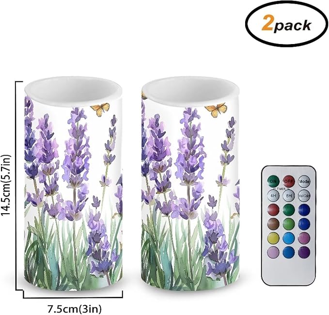 Lavender Flameless Candles 2 Pack 6 x 3 inch Battery Operated Candles with Multicolor Timer Remote Control LED Fake Candles for Warm Light Dinner Table Home Decor
