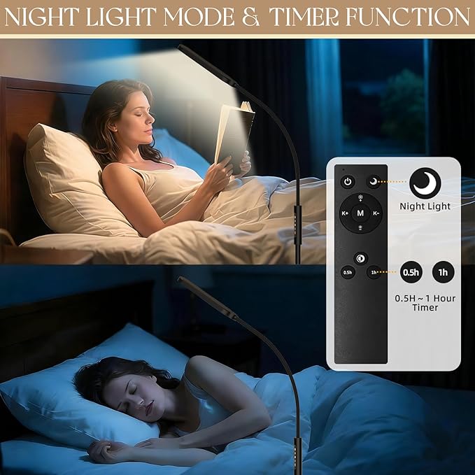 LED Floor Lamp, 18W Adjustable Gooseneck Reading Floor Lamps, Stepless Adjustable 3000K-6000K Colors & Brightness, Remote & Touch Control, Timer, Standing Lamp for Living Room/Bedroom/Office