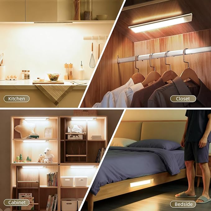 4 Pack Under Cabinet Lighting, Rechargeable Motion Sensor Light Indoor, Wireless Dimmable Magnetic Closet Lights, 32 LED Under Counter Lights for Kitchen, Wardrobe, Stairs, Warm Light