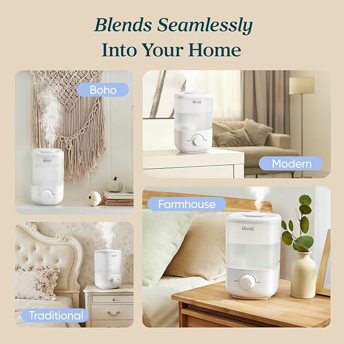 LEVOIT Top Fill Humidifiers for Bedroom, 2.5L Tank for Large Room, Easy to Fill & Clean, 28dB Quiet Cool Mist Air Humidifier for Home Baby Nursery & Plants, Auto Shut-off for Safety, 25H