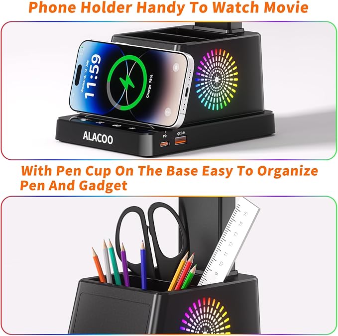 Study Desk Lamp for Office Home, Eye-Caring Desk Light with USB Port & RGB Phone Holder, 3 Color×4 Brightness, Adjustable Arm, Touch-Control Lamp for Kids/Reading (Black)