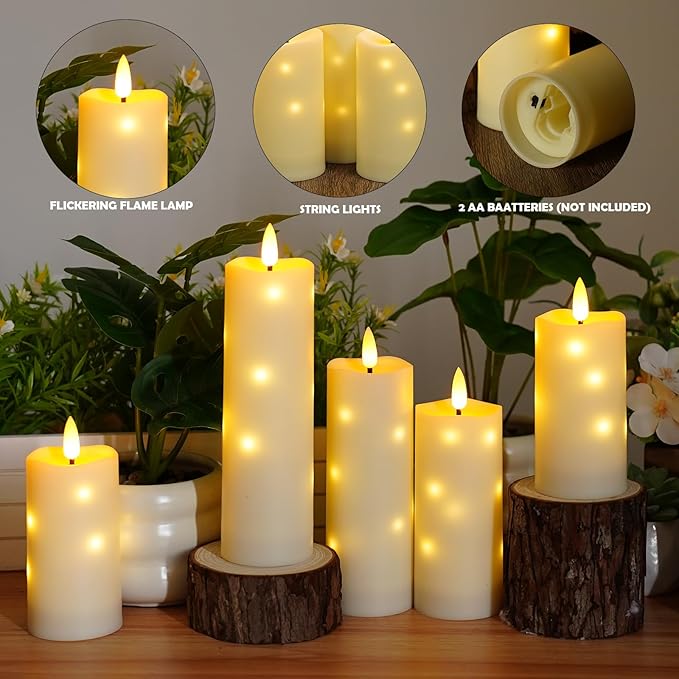 Outdoor Waterproof Flickering Flameless Candles with Timer,5Pcs Battery Operated LED Pillar Candles with Embedded Star String for Outdoor Lanterns,Porch,Patio Decor(Ivory)