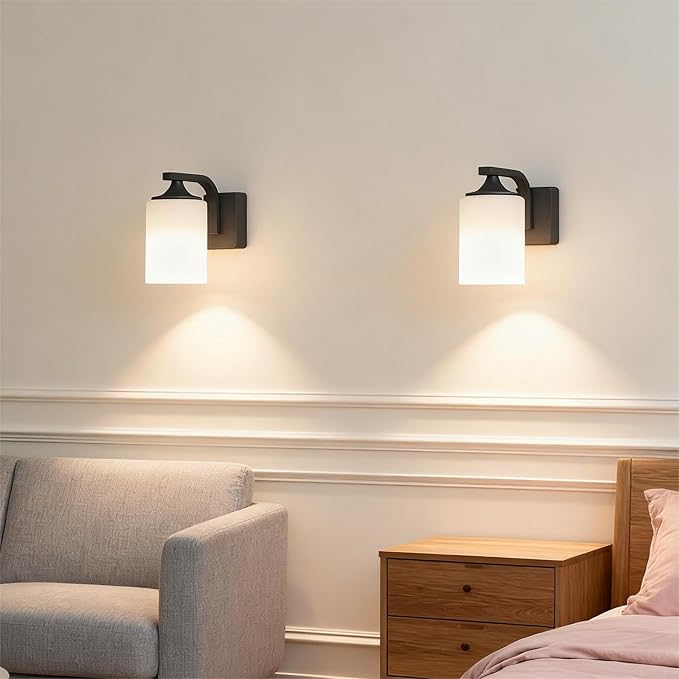 Outdoor Wall Lamp, Waterproof and Anti-Rust Aluminium Modern Wall Light Fixture Milk Glass Indoor for Outside,Garden, Matt Black