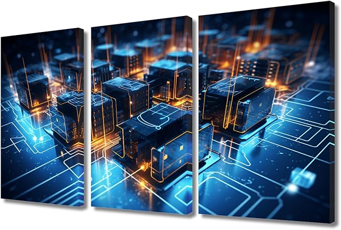 3 Panel Framed Wall Art Digital Network Picture Prints on Canvas Wall Decor for Living Room Bedroom Wall Decoration, Concepts Artwork Wooden Framed Ready to Hang, 36" Wx24 H