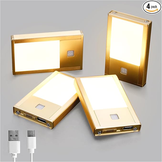 V4light Rechargeable Motion Sensor Night Lights, Ultra-Thin LED Stair Lighting for Safe Night Walking, Brushed Gold Aluminum Alloy, Magnetic Mount, 3000K Warm White Light, Ideal for Hallways & Stairs