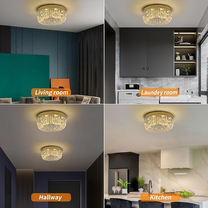 Deckrico Luxury Gold Crystal Chandelier Flush Mount Ceiling Light, 19.7" Modern LED Lighting Fixture for Bedroom Kitchen Dining Room Living Room