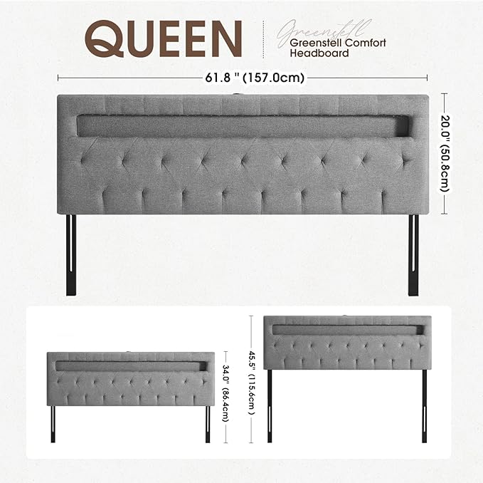 GREENSTELL Headboard for Queen Size Bed with 60,000 DIY Color of LED Light, USB & Type C Post, Upholstered, Height Adjustable, Sturdy, Easy Assembly, Wall Mounted Head Boards Only, Gray