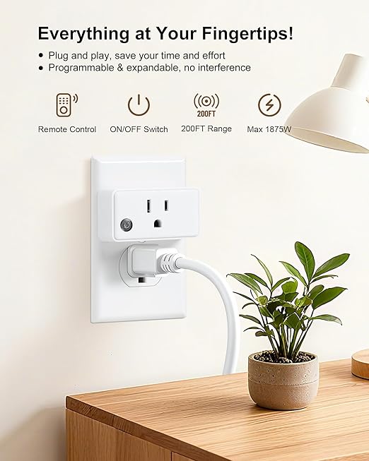 Remote Control Outlet with All On/Off Switch, 200FT Long Range Wireless Light Switch, Compact Design, 15A/1875W High-Power for Lights, Fans, Household Appliances, FCC & ETL Listed
