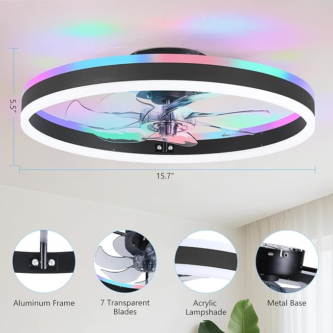 STERREN RGB Ceiling Fans with Lights, 15.7'' Modern Low Profile Ceiling Fan, Dimmable Flush Mount Ceiling Fan with Remote/APP Control, Small Fandelier for Bedroom, Living Room, Kitchen