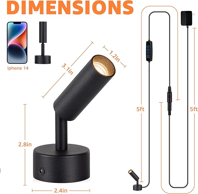 2 Pack Dimmable LED Uplights Indoor, 3000K/4000K/5000K Adjustable Spot Lights Indoor for Plants, Pictures, Artwork with 10 FT Plug Cord