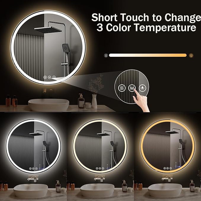LED Bathroom Mirror 24 Inch Round Bathroom Mirror with Lights, Circle LED Mirror, Wall Mounted Lighted Bathroom with 3 Colors Brightness, Anti-Fog, Dimmable, Shatter-Proof