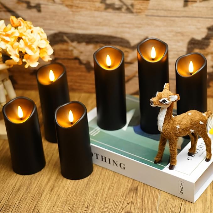 Flickering Flameless Candles, Battery Operated Plastic LED Pillar Candles with Remote Control and Timer, Set of 9 (Black)