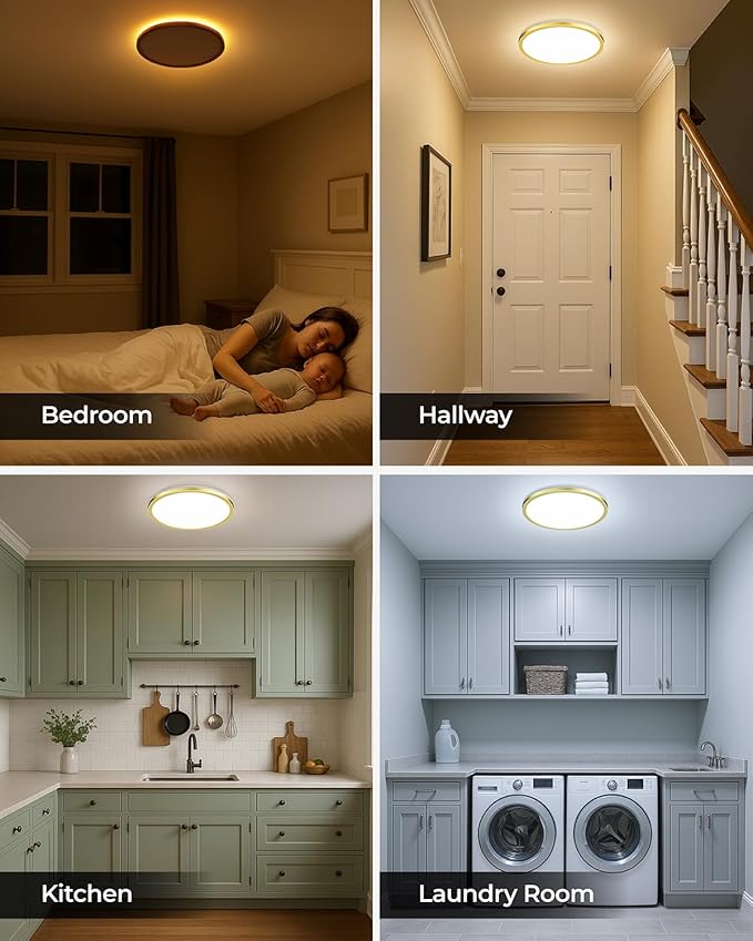 Matane 12 Inch LED Flush Mount Ceiling Light Fixture with Night Light, 24W 2400LM 3000K/4000K/5000K Selectable, Dimmable Ceiling Lights for Bedroom, Dining Room, Kitchen, Round Gold