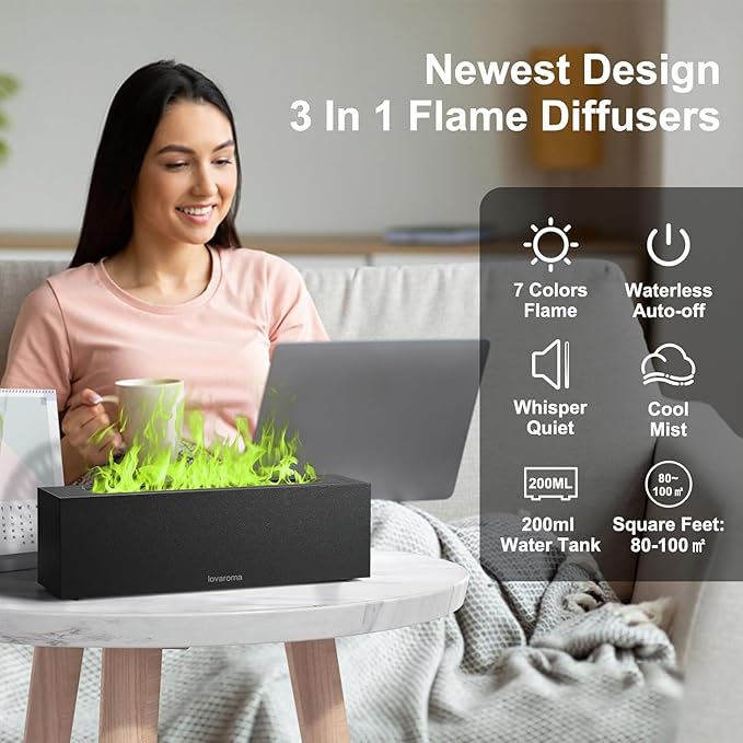 Flame Diffuser for Essential Oils - 200ml Ultrasonic Aroma Diffusers with 7 Color Flame Light Aromatherapy Diffuser & Cool Mist Humidifier for Home, Office, Bedroom, Type-c Cable, Auto-Off Protection