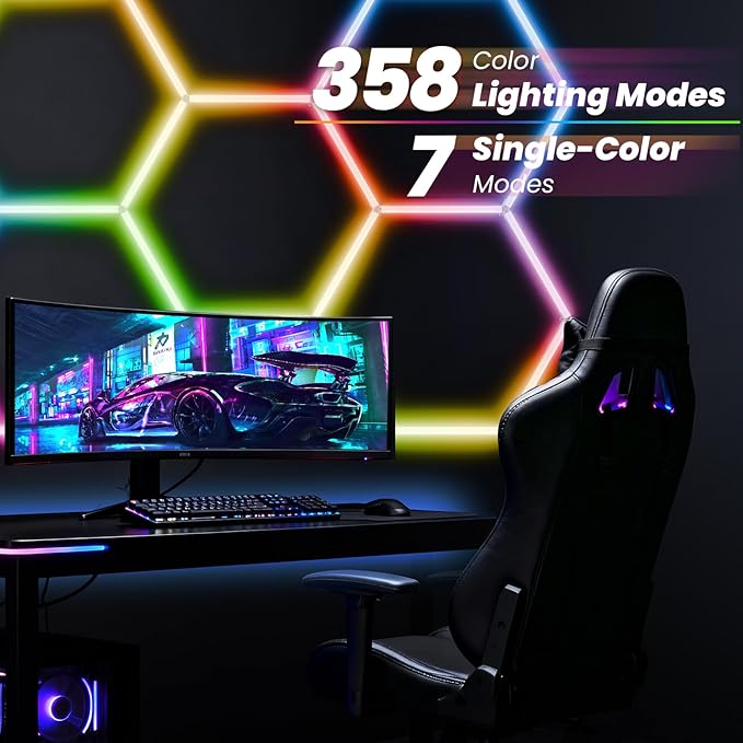 RGB Hexagon LED Light 5-Grid | Hexagon Garage Lights | 356 Color Modes | Music Sync | Smart App & Remote Control | Gaming Room Garage Bedroom Lighting