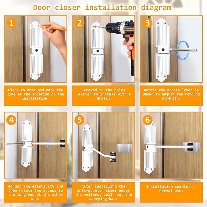 Automatic Door Closer - Heavy Duty Automatic Safety Spring Door Closer, Adjustable Tension Spring Action, for Wooden Doors up to 140 lbs with, Installation Hardware (White)
