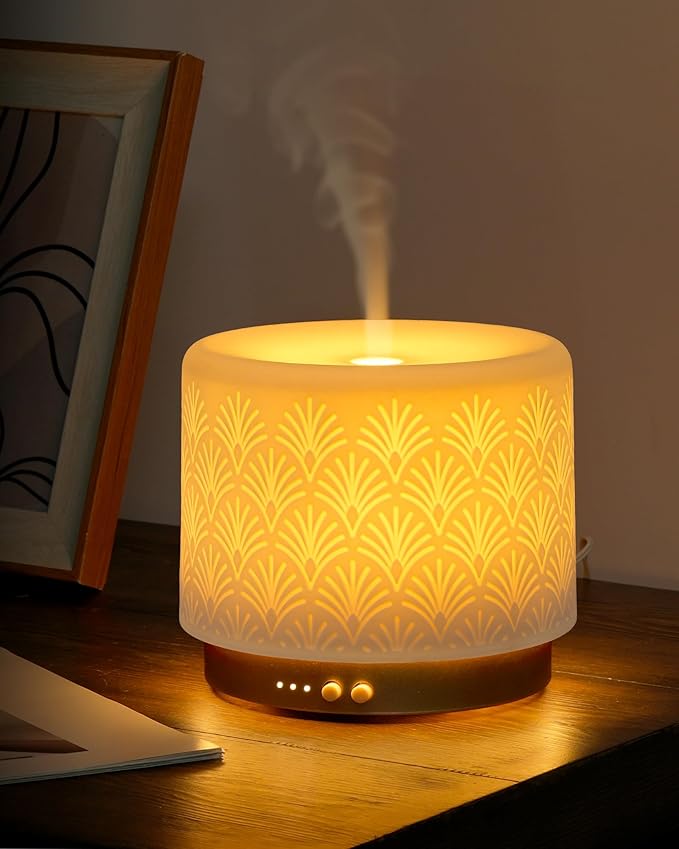 Essential Oil Diffuser -280ml Ceramic Diffuser for Large Room&Commercial Use, 2.4MHz Cool Mist Humidifier & Independent Decorative Light & Aromatherapy Diffuser, Pulse&Continuous Mist, Timer, Auto-Off