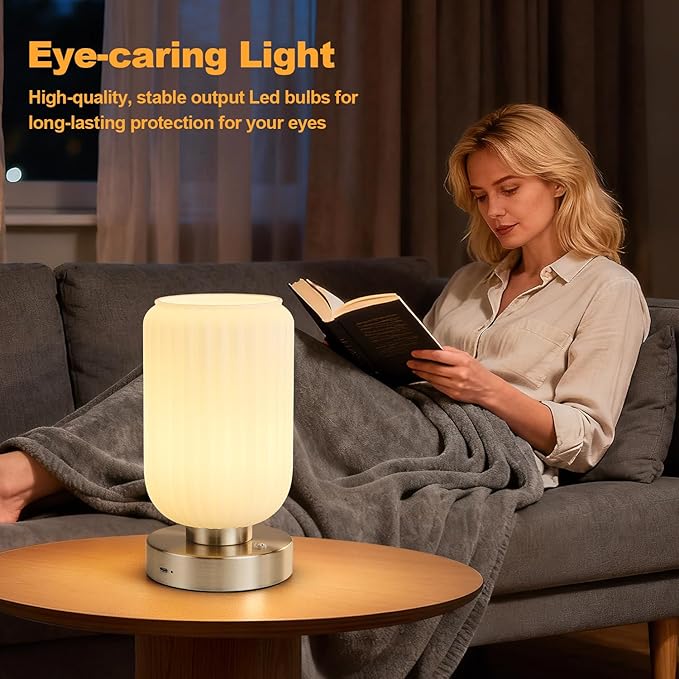 Cordless Table Lamp for Bedroom, 7500mAh Rechargeable Small Battery Lamp, Modern Touch Dimmable Wireless Lamp Brushed Nickel Base White Glass Shade for Living Room, Desk, Led Bulb Included